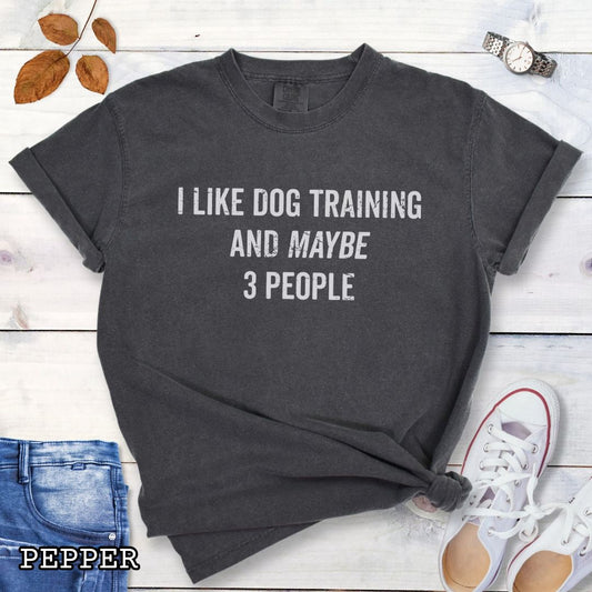 Gray (Pepper) Comfort Colors t-shirt with 'I like dog training and maybe 3 people' text, presented on a wooden surface with shoes and jeans.