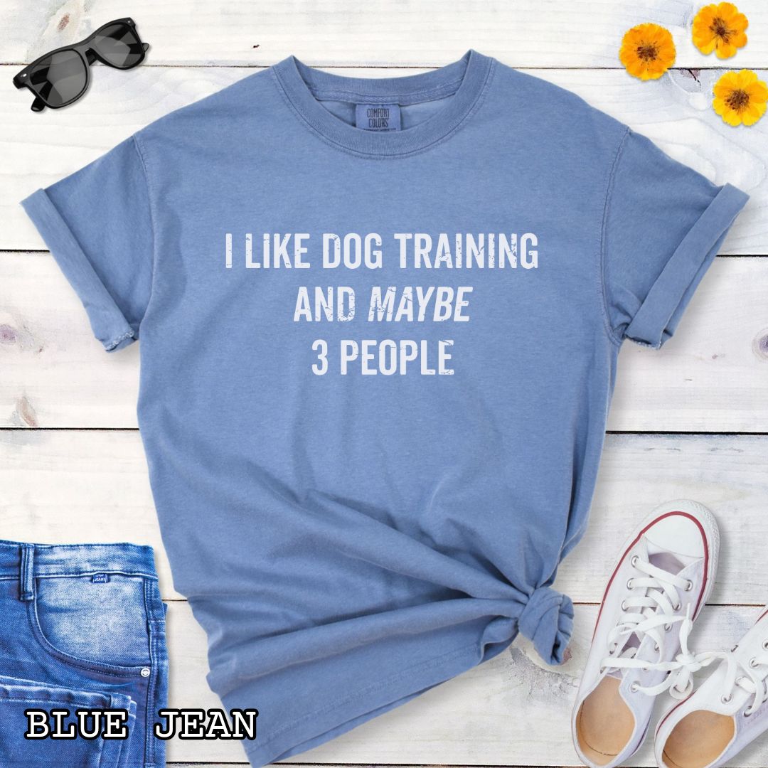 Blue (Blue Jean) Comfort Colors t-shirt with 'I like dog training and maybe 3 people' text, presented on a wooden surface with shoes and jeans.