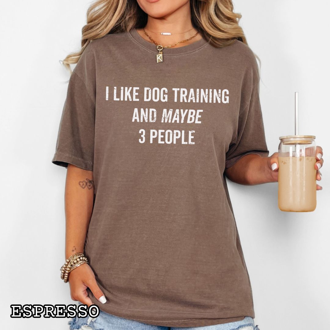 Brown (Espresso) Comfort Colors t-shirt with 'I like dog training and maybe 3 people' text, worn by a female model.