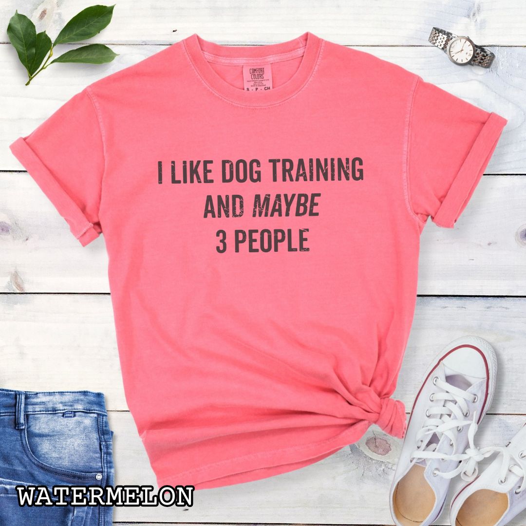 Pink (Watermelon) Comfort Colors t-shirt with 'I like dog training and maybe 3 people' text, presented on a wooden surface with shoes and jeans.