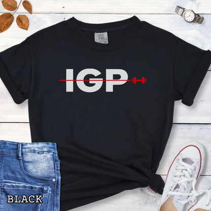 Black Comfort Colors t-shirt featuring a bold IGP dumbbell design, perfect for IGP dog sport, Schutzhund, IPO, and working dog training enthusiasts.