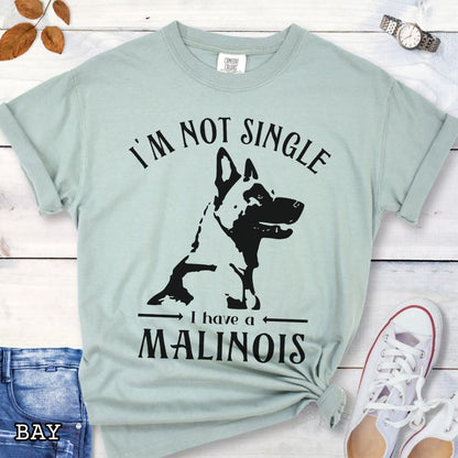 Light green Comfort Colors t-shirt with a woodcut-style Belgian Malinois graphic and the humorous text 'I'm Not Single, I Have a Malinois', shown on a wooden surface with accessories.