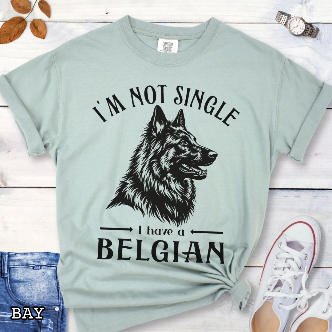 Light green Comfort Colors t-shirt with a woodcut-style Belgian Sheepdog graphic and humorous text 'I'm Not Single, I Have a Belgian', shown on a wooden surface with jeans and sneakers.