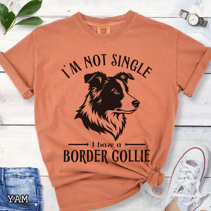 Orange Comfort Colors t-shirt with a Border Collie graphic and humorous text 'I'm Not Single, I Have A Border Collie', shown on a wooden surface with jeans and shoes.