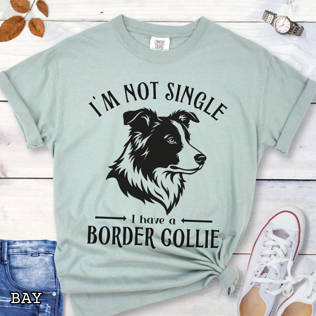 Light green Comfort Colors t-shirt with a Border Collie graphic and humorous text 'I'm Not Single, I Have A Border Collie', shown on a wooden surface with jeans and shoes.