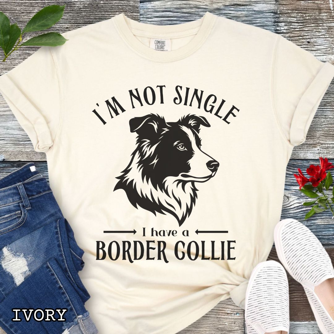 Beige Comfort Colors t-shirt with a Border Collie graphic and humorous text 'I'm Not Single, I Have A Border Collie', shown on a wooden surface with jeans and shoes.