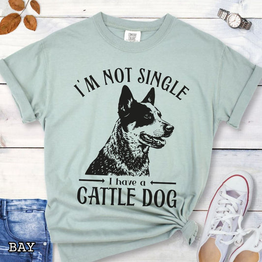 Light green Comfort Colors t-shirt with a woodcut-style graphic of an Australian Cattle Dog and humorous text 'I'm not single, I have a cattle dog', shown on a wooden surface with jeans and shoes.
