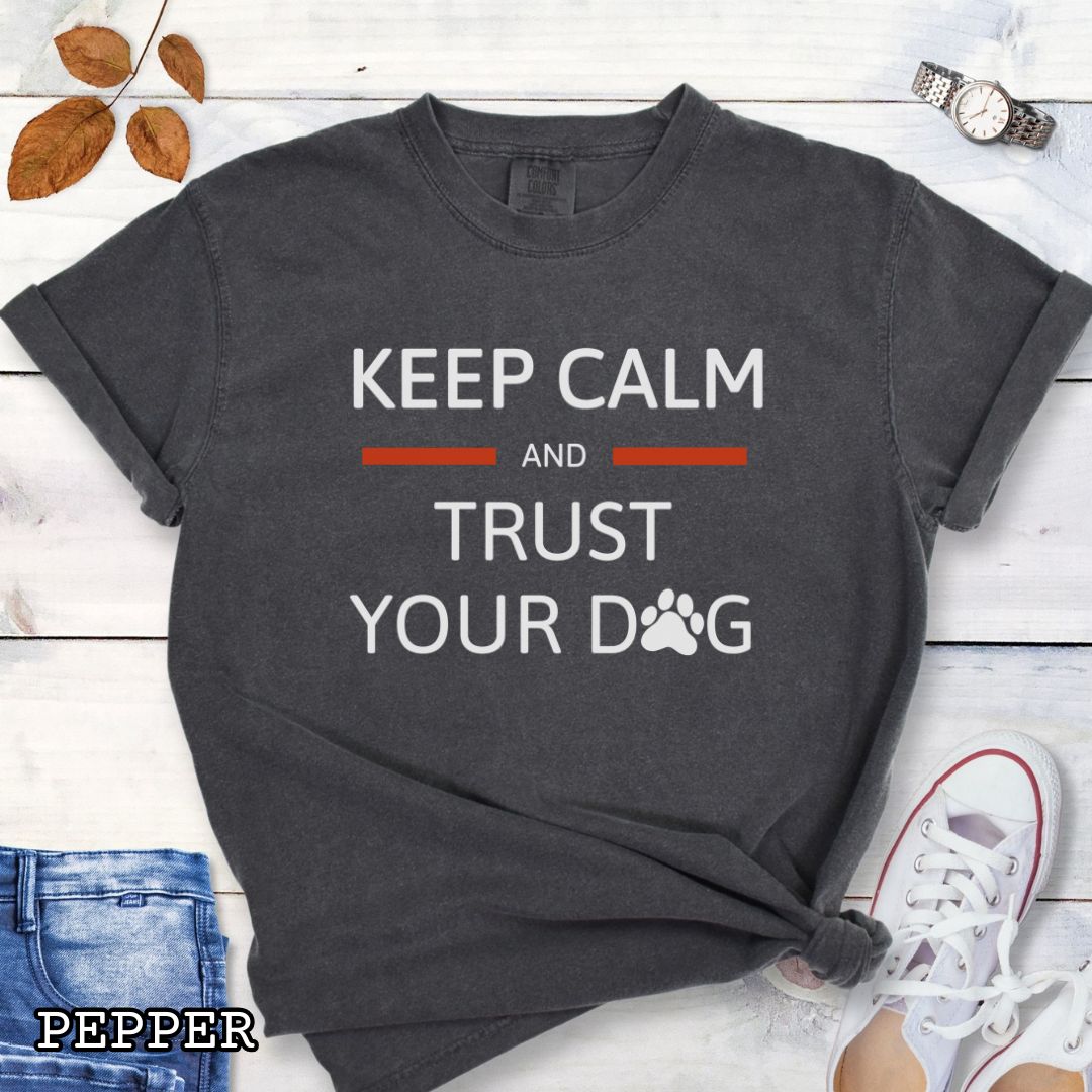 Gray Comfort Colors dog training t-shirt with 'Keep Calm and Trust Your Dog' text in bold lettering, shown on a wooden surface with shoes and jeans.