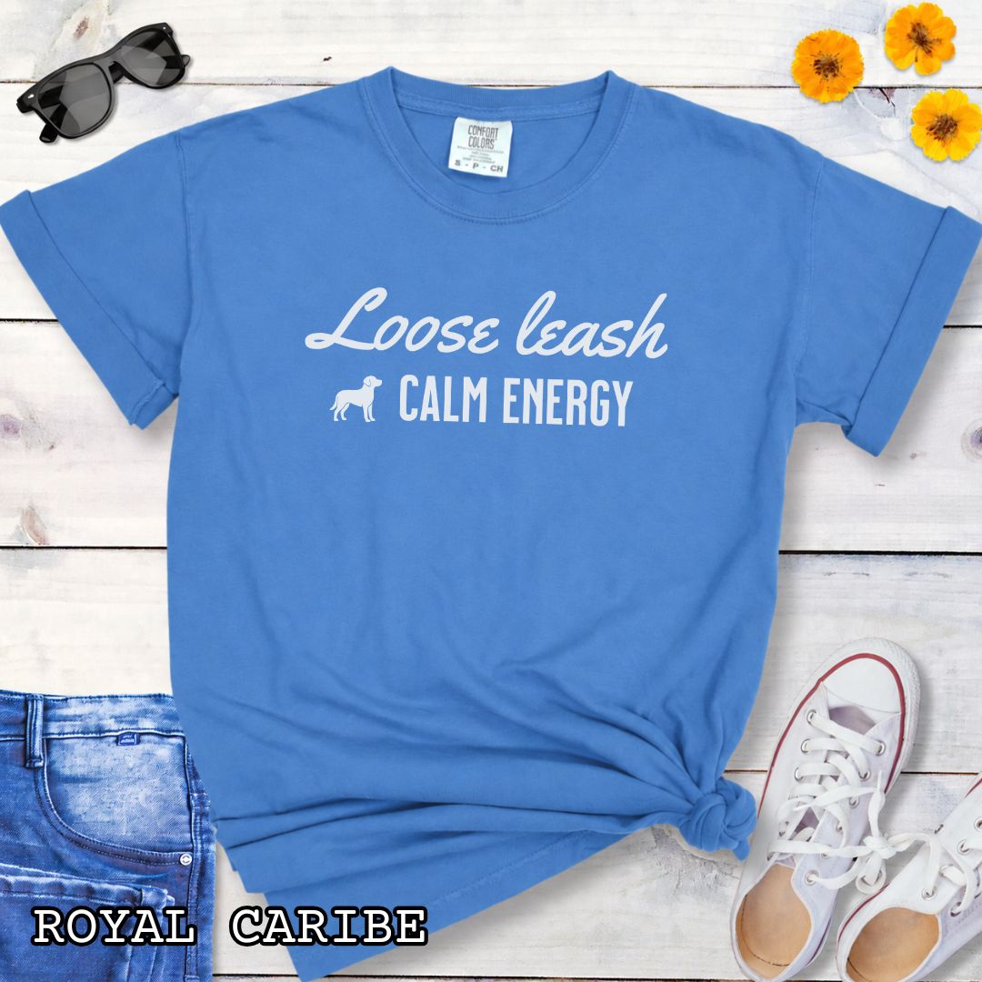 Royal blue Comfort Colors Loose Leash Calm Energy t-shirt featuring a minimalist dog design for dog trainers, reactive dog owners, and loose leash training enthusiasts.