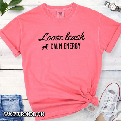 Watermelon color Comfort Colors Loose Leash Calm Energy t-shirt featuring a minimalist dog design for dog trainers, reactive dog owners, and loose leash training enthusiasts.
