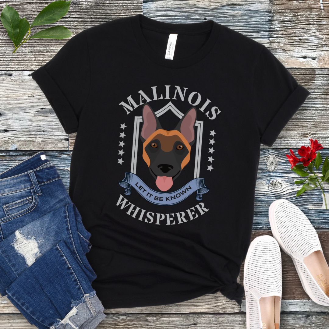 Black unisex Belgian Malinois t-shirt with Malinois face and the text 'Malinois Whisperer, Let It Be Known' in military style lettering. 