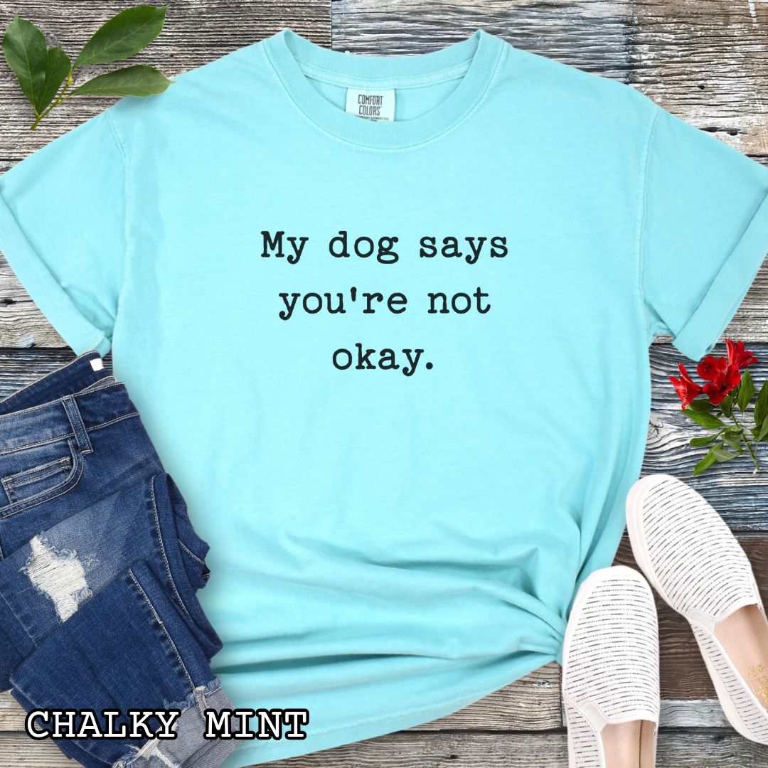 Mint Comfort Colors dog lover t-shirt with 'My dog says you're not okay.' text on a wooden surface with sunglasses, jeans, and sneakers.