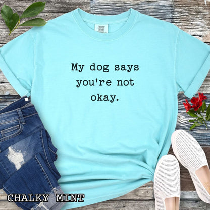 Mint Comfort Colors dog lover t-shirt with 'My dog says you're not okay.' text on a wooden surface with sunglasses, jeans, and sneakers.