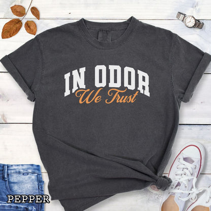 Dark grey Comfort Colors t-shirt for canine scent training enthusiasts with 'In Odor we trust' in bold athletic style lettering, shown on a wooden surface with jeans, shoes and accessories.