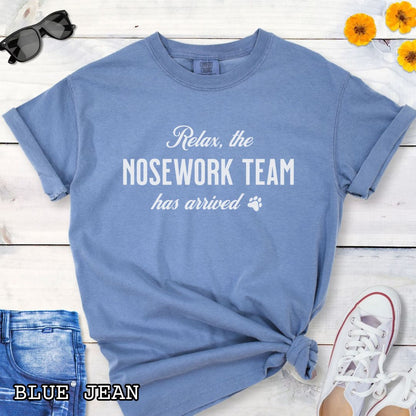 Blue Comfort Colors dog sports t-shirt with text 'Relax, the NOSEWORK TEAM has arrived' on a wooden surface with denim jeans and white shoes.