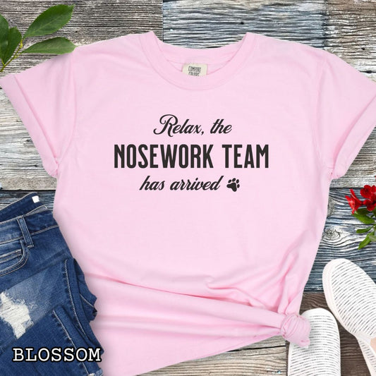 Pink Comfort Colors dog sports t-shirt with text 'Relax, the NOSEWORK TEAM has arrived' on a wooden surface with denim jeans and white shoes.