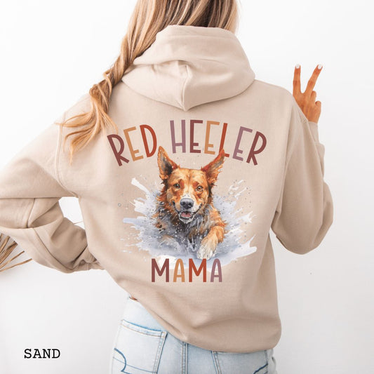 Beige back print hoodie with red heeler design and 'Red Heeler Mama' text on a white background