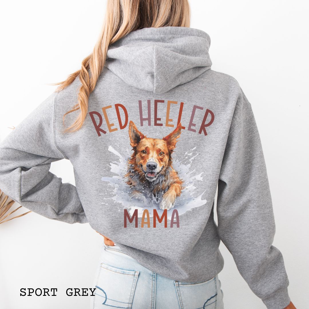 Person wearing a gray hoodie with a Cattle Dog dog illustration and 'Red Heeler Mama' text on the back.