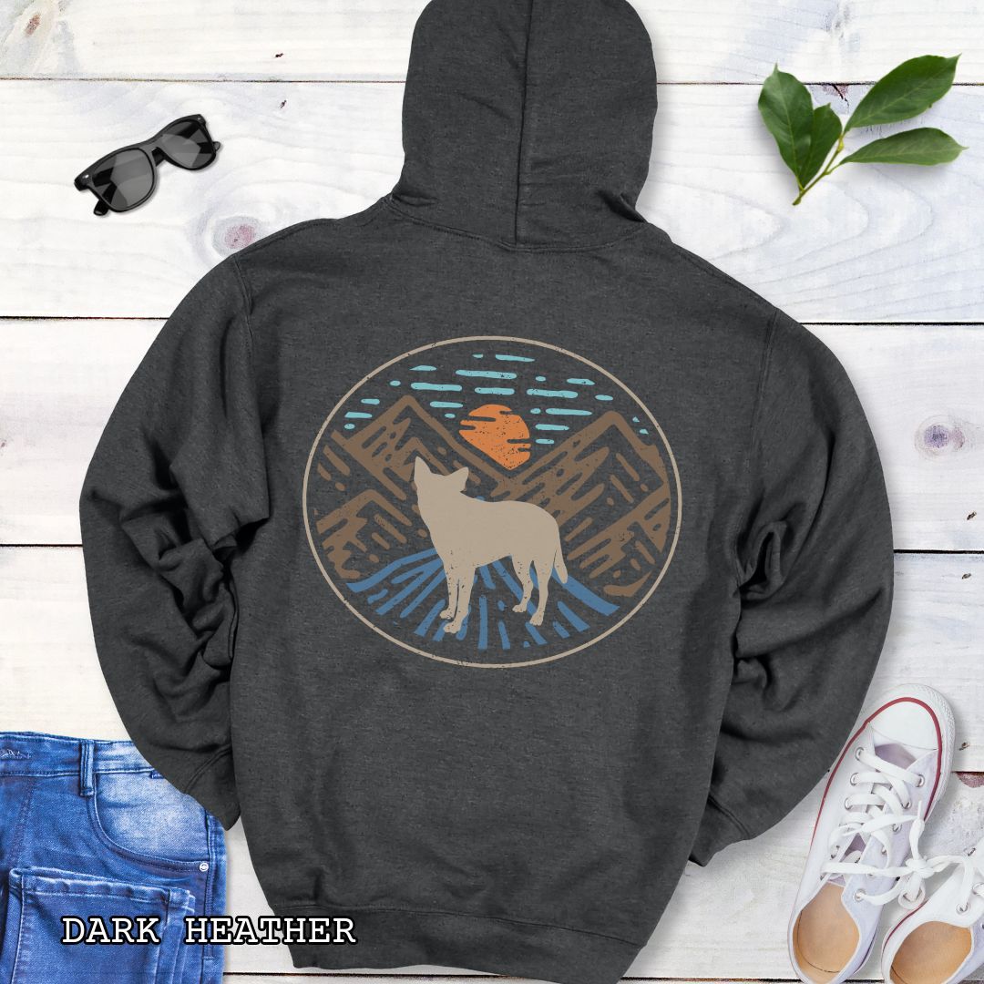 Dark Grey Cattle Dog hoodie with a Heeler and retro mountain design on the back.