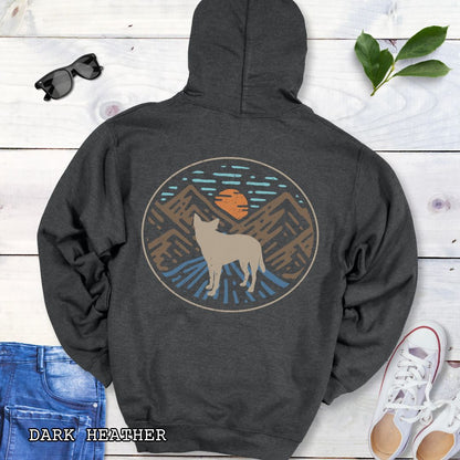 Dark Grey Cattle Dog hoodie with a Heeler and retro mountain design on the back.