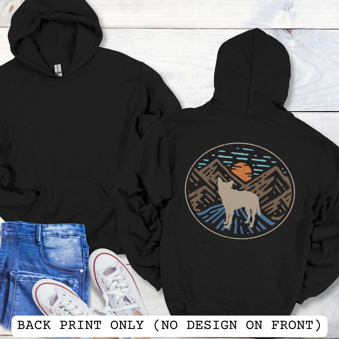 Black Cattle Dog hoodie with a Heeler and retro mountain design on the back.