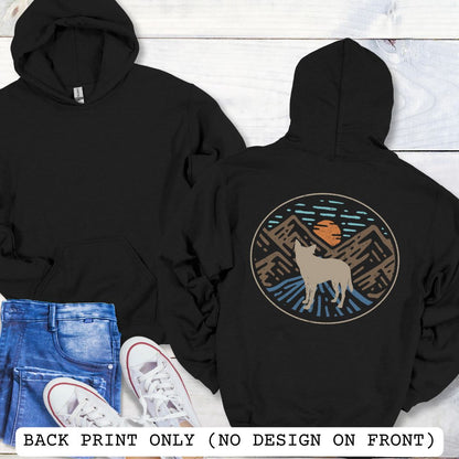 Black Cattle Dog hoodie with a Heeler and retro mountain design on the back.