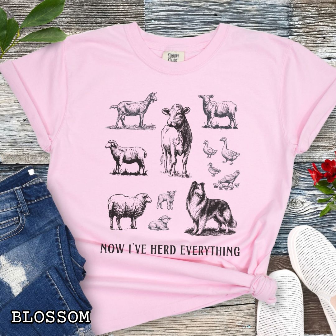 Pink Comfort Colors t-shirt for Rough Collie lovers with vintage farm animal illustrations and a Rough Collie dog, with the humorous text 'Now I've Herd Everything', shown on a wooden surface with denim jeans and flowers.