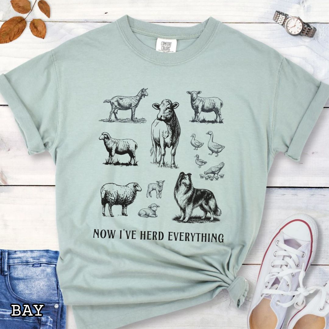 Light green Comfort Colors t-shirt for Rough Collie lovers with vintage farm animal illustrations and a Rough Collie dog, with the humorous text 'Now I've Herd Everything', shown on a wooden surface with denim jeans and flowers.