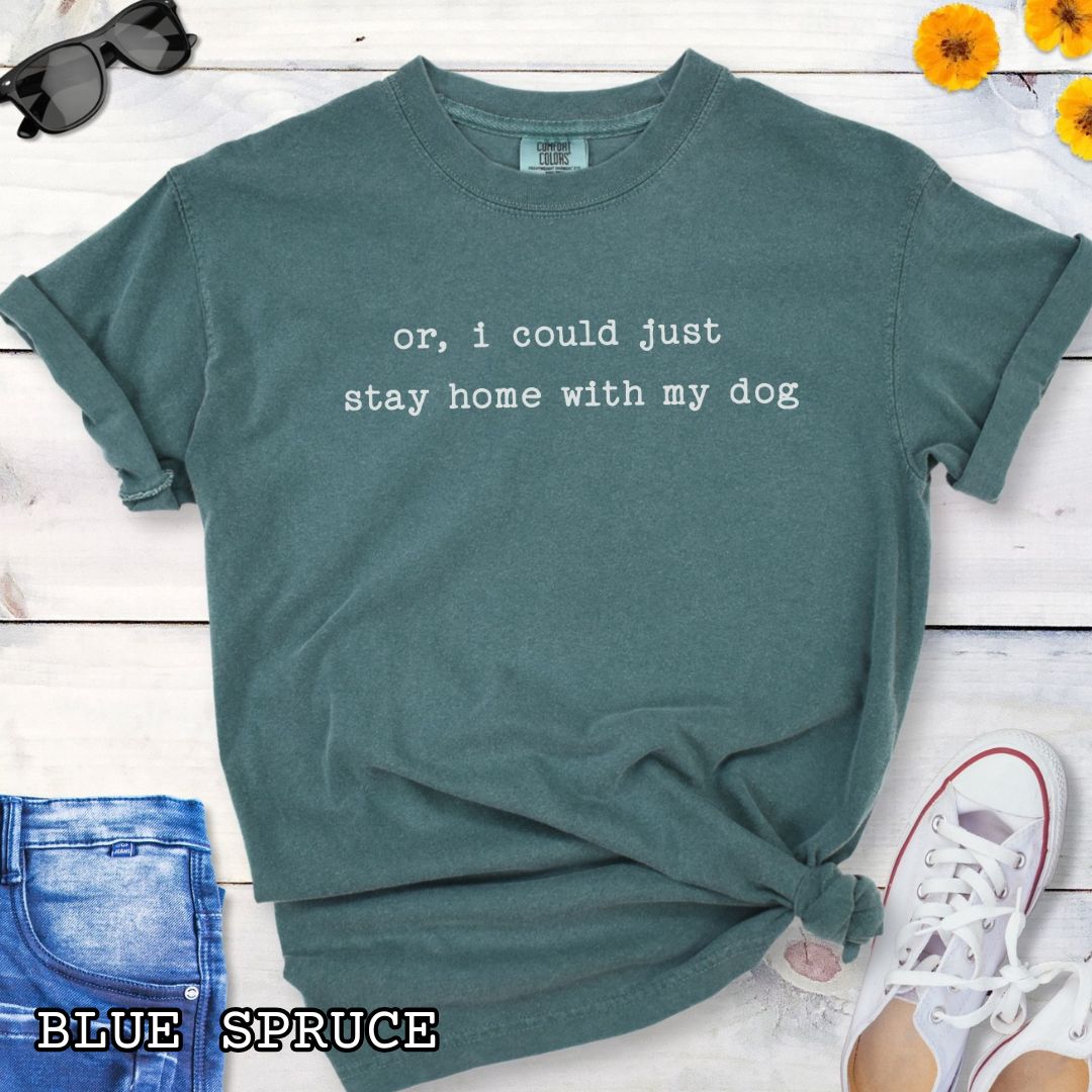 Green Comfort Colors t-shirt for dog lovers with humorous text, 'or, i could just stay home with my dog' in minimalist typewriter lettering, shown on a wooden surface with accessories.