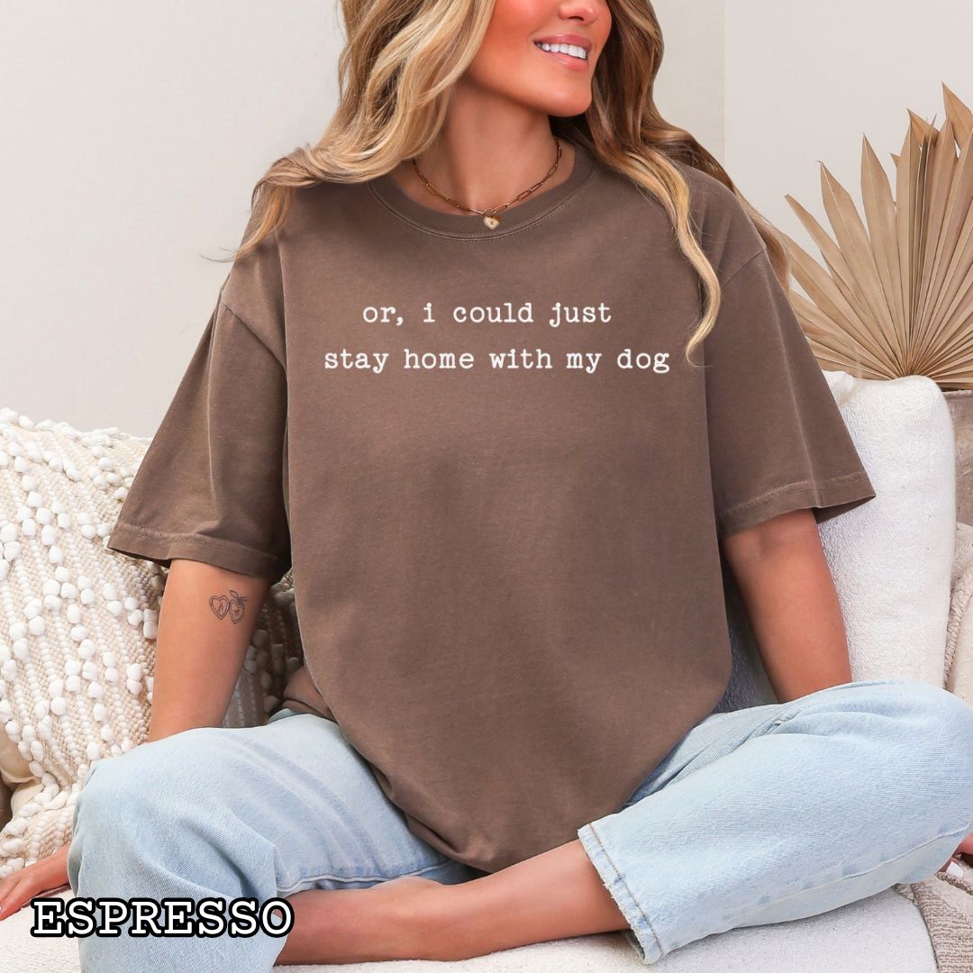 Brown Comfort Colors t-shirt for anti-social dog lovers with humorous text, 'or, i could just stay home with my dog' in minimalist typewriter lettering, shown on a wooden surface with accessories.