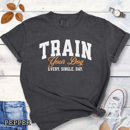 Dark grey Comfort Colors t-shirt for dog training enthusiasts with 'TRAIN Your Dog EVERY. SINGLE. DAY.' text in bold athletic style lettering, shown on a wooden surface with jeans and shoes.