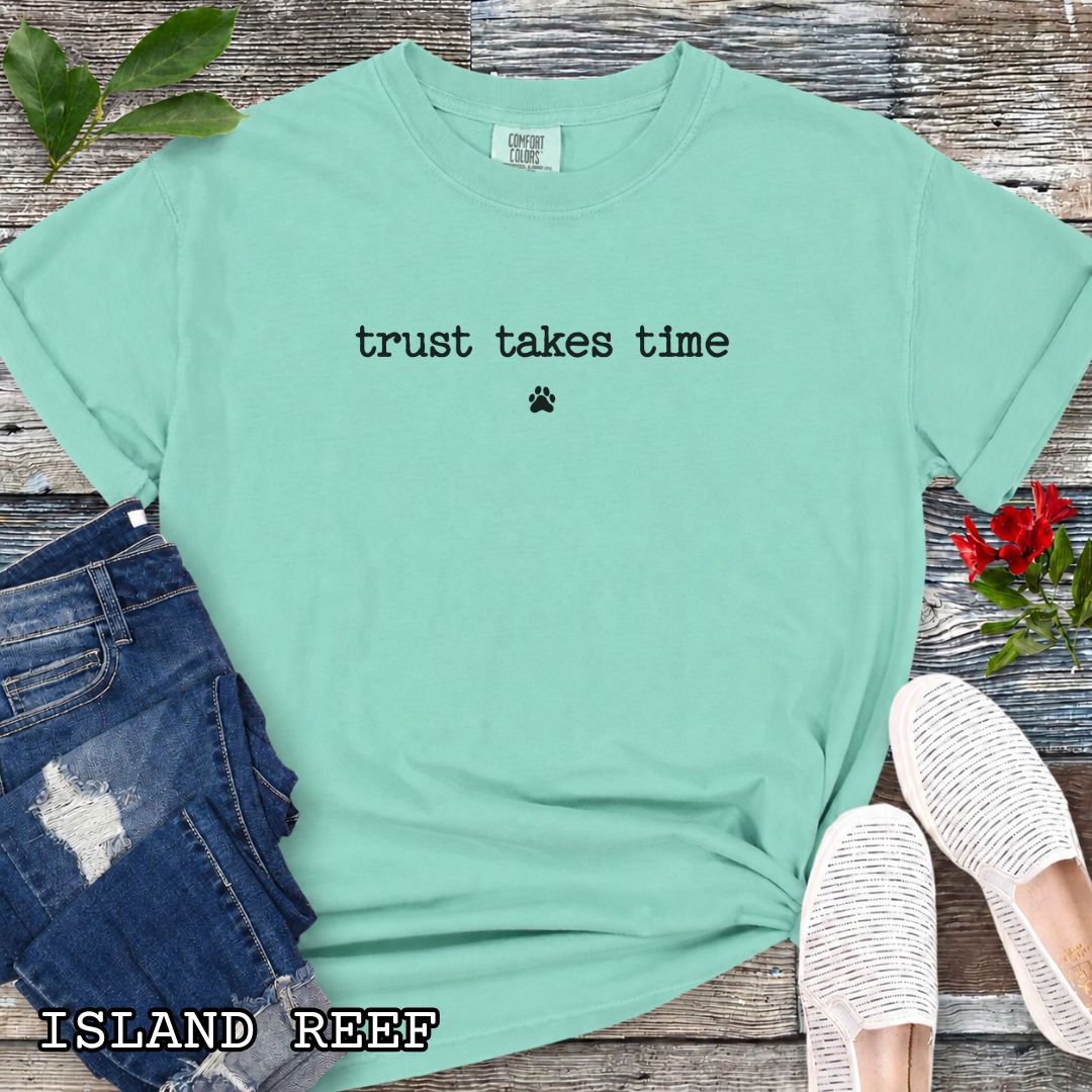 Mint Comfort Colors Trust Takes Time t-shirt featuring minimalist paw print typography; perfect gift for rescue dog owners, trainers, foster families, and shelter workers.