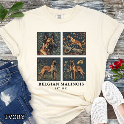Beige Comfort Colors Belgian Malinois t-shirt featuring classic linocut-inspired Malinois illustrations, a unique gift for Malinois owners, trainers, and dog lovers.