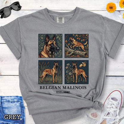 Grey Comfort Colors Belgian Malinois t-shirt featuring classic linocut-inspired Malinois illustrations, a unique gift for Malinois owners, trainers, and dog lovers.