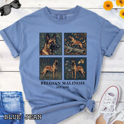 Blue Comfort Colors Belgian Malinois t-shirt featuring classic linocut-inspired Malinois illustrations, a unique gift for Malinois owners, trainers, and dog lovers.