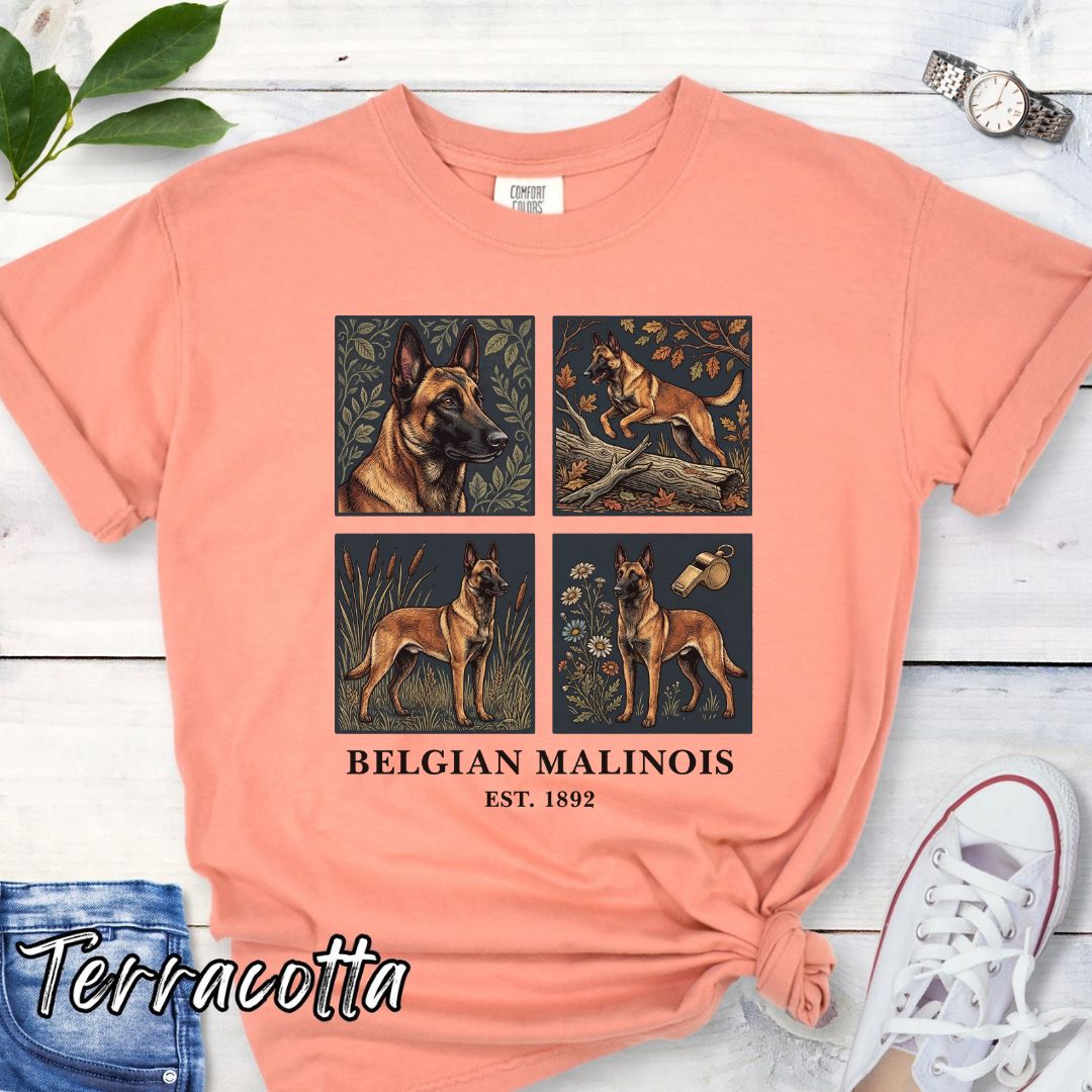 Terracotta Comfort Colors Belgian Malinois t-shirt featuring classic linocut-inspired Malinois illustrations, a unique gift for Malinois owners, trainers, and dog lovers.