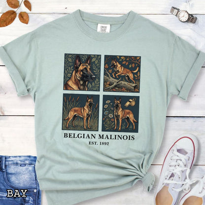 Light green Comfort Colors Belgian Malinois t-shirt featuring classic linocut-inspired Malinois illustrations, a unique gift for Malinois owners, trainers, and dog lovers.