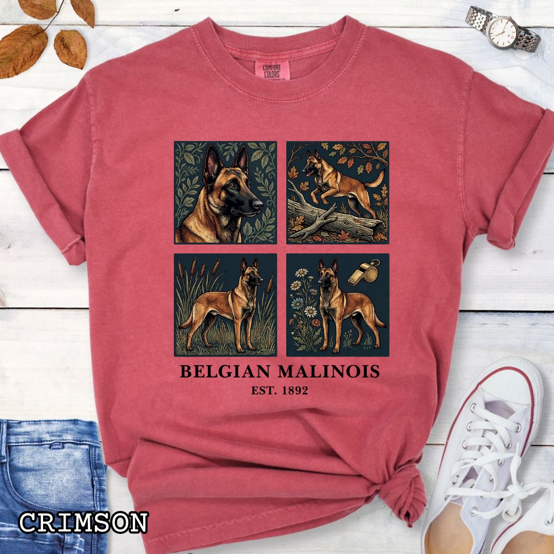 Red Comfort Colors Belgian Malinois t-shirt featuring classic linocut-inspired Malinois illustrations, a unique gift for Malinois owners, trainers, and dog lovers.