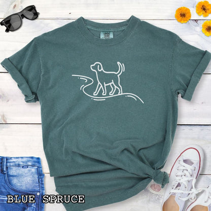 Blue Spruce Comfort Colors t-shirt featuring minimalist dog walking line art, perfect for dog hikers, outdoor dog lovers, and hiking with dogs enthusiasts.