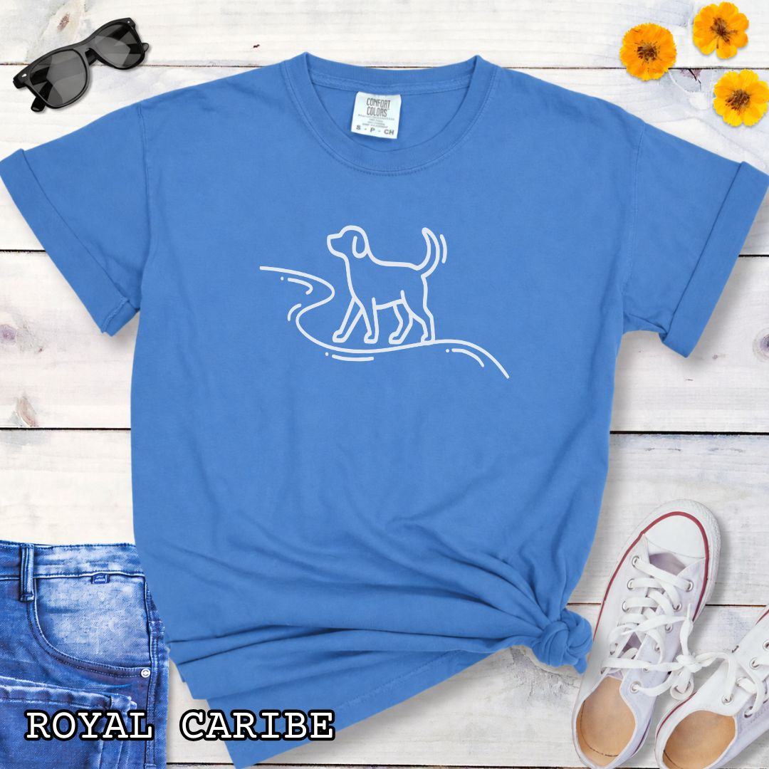 Royal blue Comfort Colors t-shirt featuring minimalist dog walking line art, perfect for dog hikers, outdoor dog lovers, and hiking with dogs enthusiasts.
