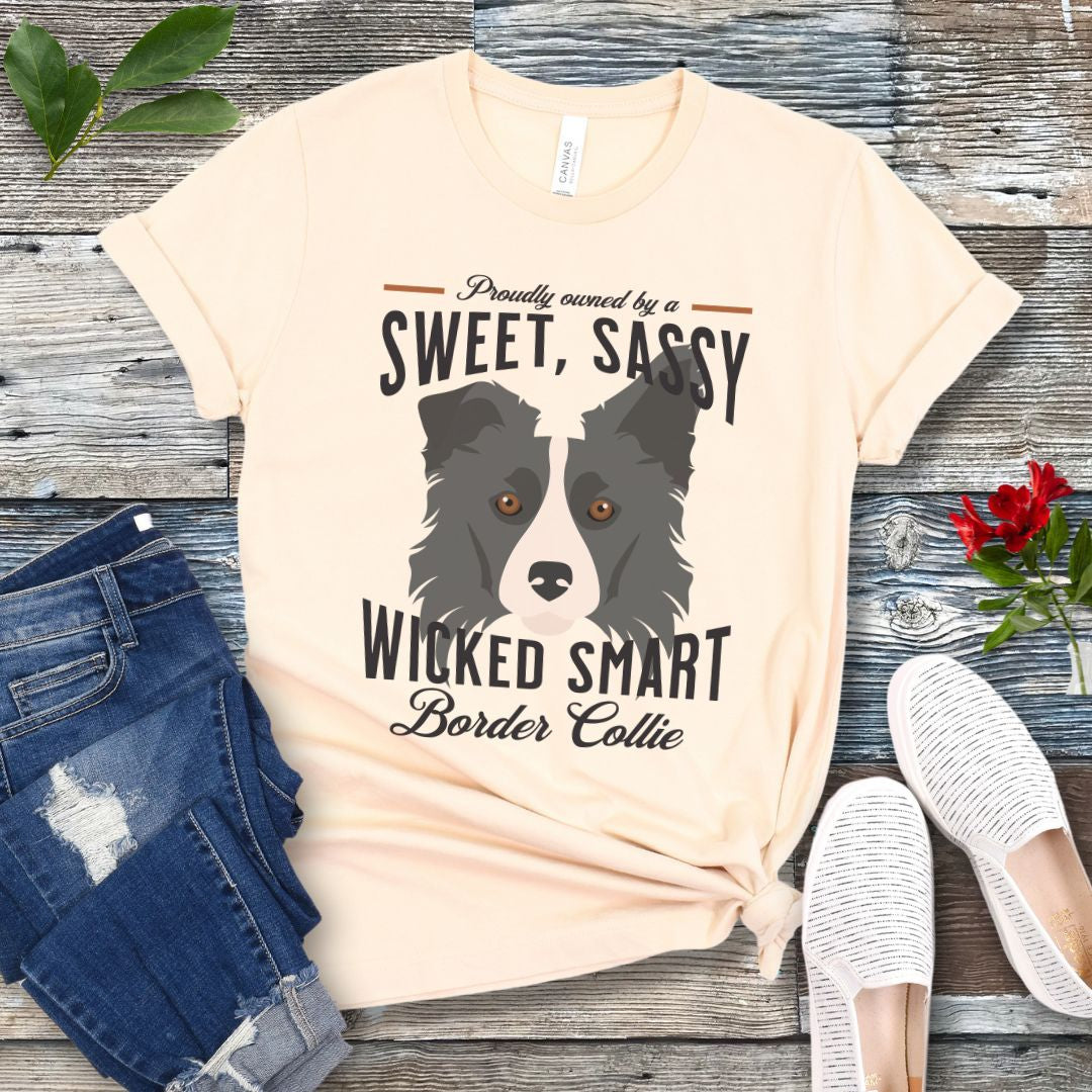 Beige t-shirt with border collie graphic and humorous text 'Proudly Owned by a Sweet, Sassy, Wicked Smart Border Collie', shown on a wooden surface with jeans and shoes.